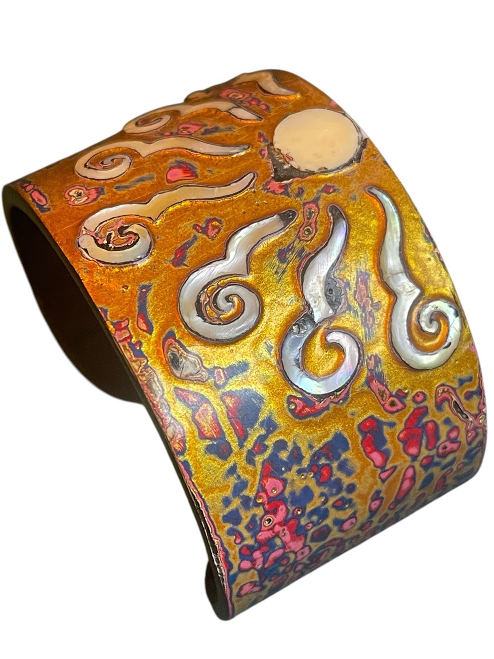 Vintage Artisan Celestial MOP Inlaid Cuff Bracelet & Copper Moon Brooch - Picture 10 of 12